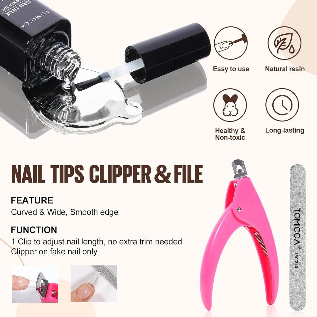 TOMICCA Nail Tips und Kleber Gel Kit - Extension Set mit Mini Nagellampe, 2 in 1 Nagelkleber, 500 PC