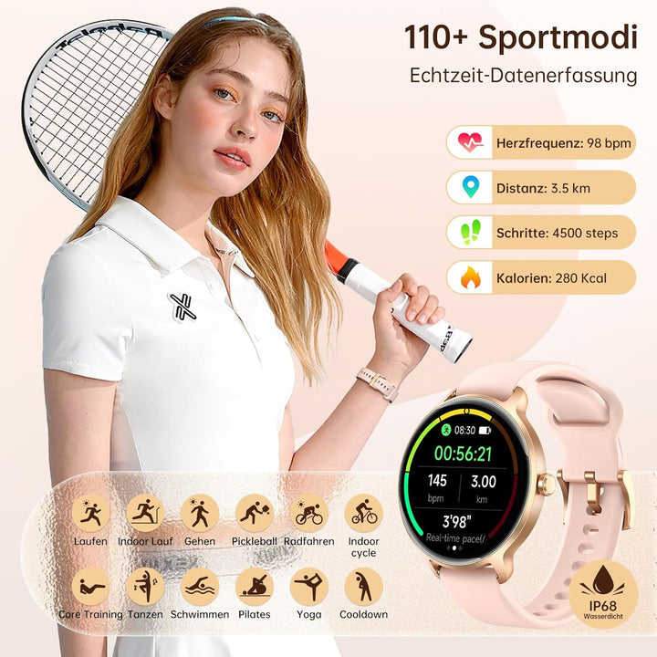 Smartwatch Damen Rund, 1.27" AMOLED Smart Watch mit Telefonfunktion, Fitnessuhr mit Pulsuhr SpO2 Sch