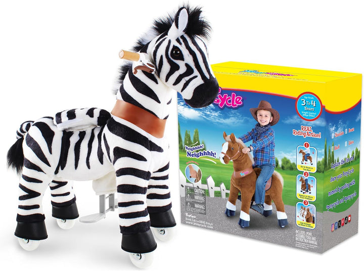 PonyCycle Zebra Reitpferd, für Kinder 3–4 Jahre, 76cm Hoch, Zebra Pferd auf Rollen mit Handbremse, P