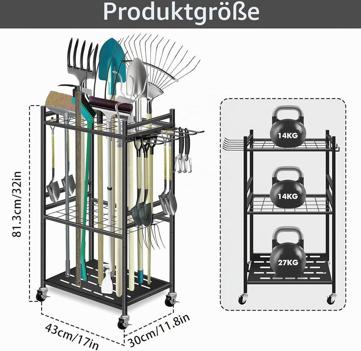 Gerätehalter, Gartengeräte Lagerregal aus Hochwertigem Kohlenstoffstahl mit Universalrad Schwarzer G