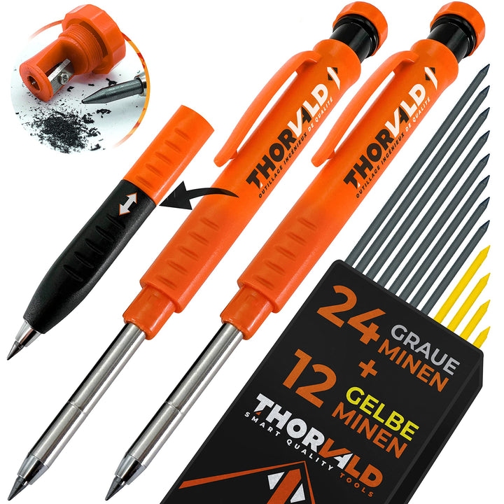 THORVALD Set Tieflochmarker Bleistift (2 x Zimmermannsbleistift + 38 Minen + Spitzer + Schreibgriff)