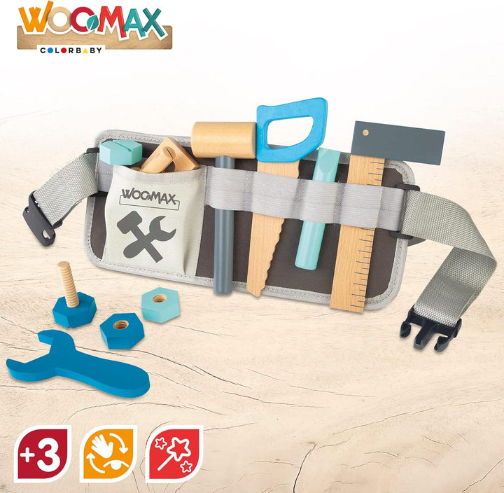 WOOMAX 49304 Werkzeuggürtel für Kinder, inklusive 12 Teilen, Kinderspielzeug aus Holz, Arbeit und Ba