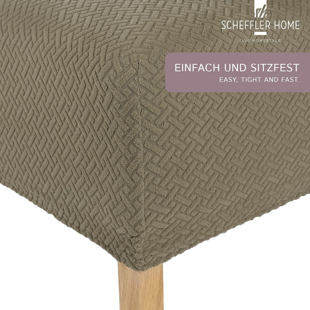 SCHEFFLER-Home Stuhlhussen Stretch Luna-Lang/Stuhlüberzug 4er Set Taupe/elastische Flanell Stuhlabde
