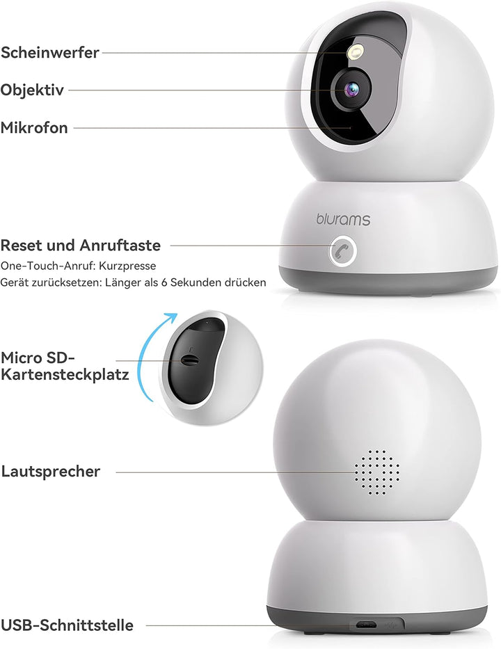 blurams 2K Überwachungskamera Innen,360 Grad WLAN Kamera mit EIN-Touch-Call, Hundekamera für Haustie