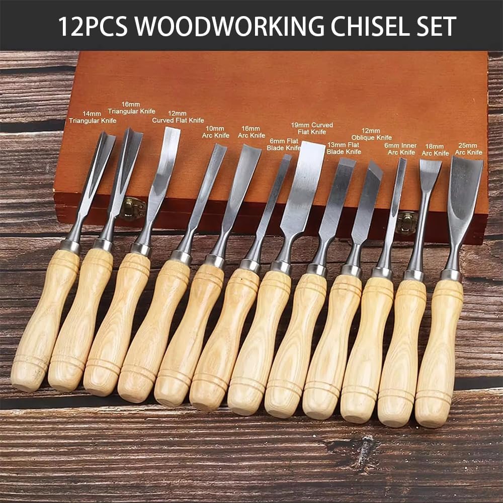 NEWFUN Stechbeitel set für holz, 12 Stück Holz-Drehmeissel-Set für Holzbearbeitung Holzschnitzerei-E