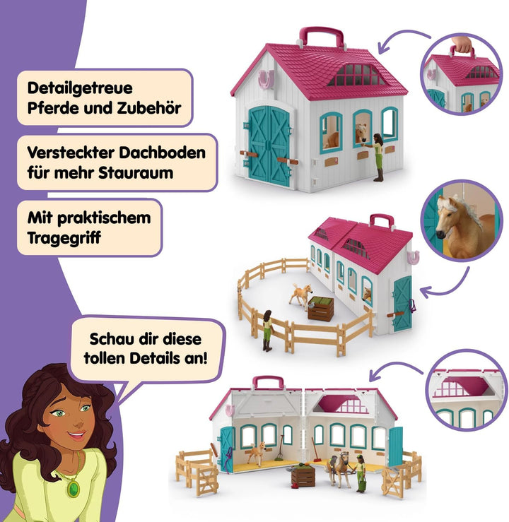 SCHLEICH Horse Club | Offenstall Kleines Hufeisen 42703 | Set inkl. Stall, 2 Pferde, bewegliche Mädc