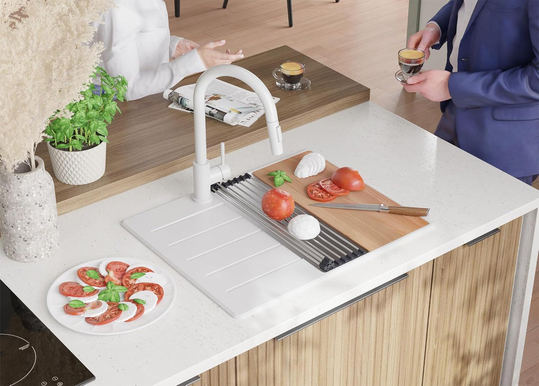 PRIMAGRAN Granitspüle Weiss 62x50cm, Granitspüle 1 Becken + Ablauf-Set, Küchenspüle ab 45er Untersch