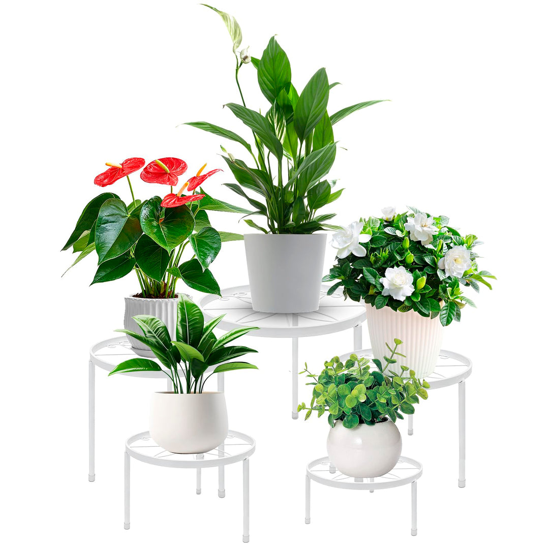 Blumenständer aus Metall, 5 Stück Weiss Pflanzenständer für Innen Aussen | Runde Pflanzenregal mit S