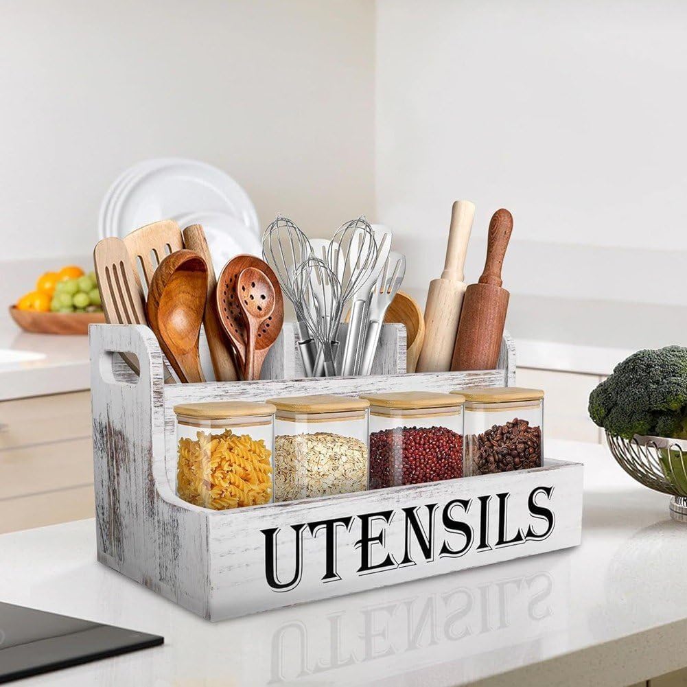 Besteck-aufbewahrungsbox Aus Holz Im Ländlichen Stil, Weisser Küchenutensilienhalter, Grosser Utensi