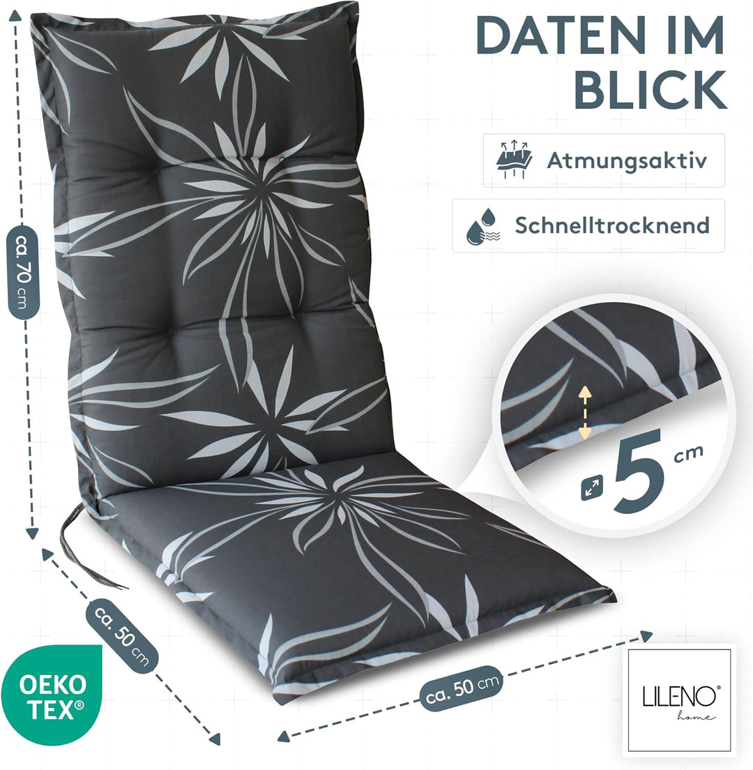 LILENO HOME Gartenstuhl Auflagen als [2er Set - Hochlehner] in Blume Anthrazit-Weiss - Bequeme Liege