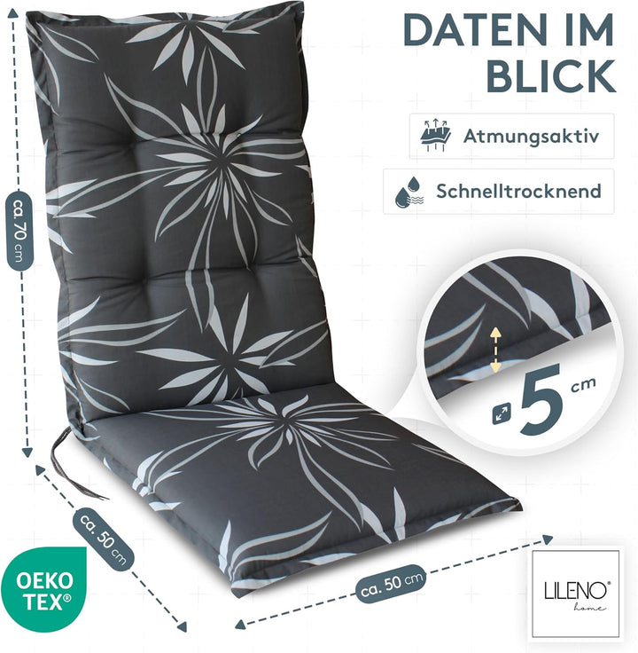 LILENO HOME Gartenstuhl Auflagen als [2er Set - Hochlehner] in Blume Anthrazit-Weiss - Bequeme Liege