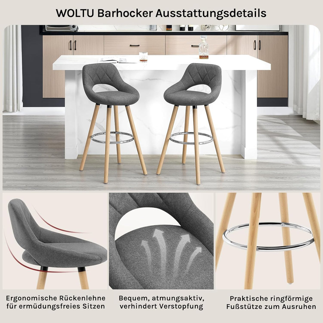 WOLTU Barhocker 2er Set, Barstuhl Küchenhocker Thekenhocker, Hocker mit Rückenlehne Fussstütze, aus