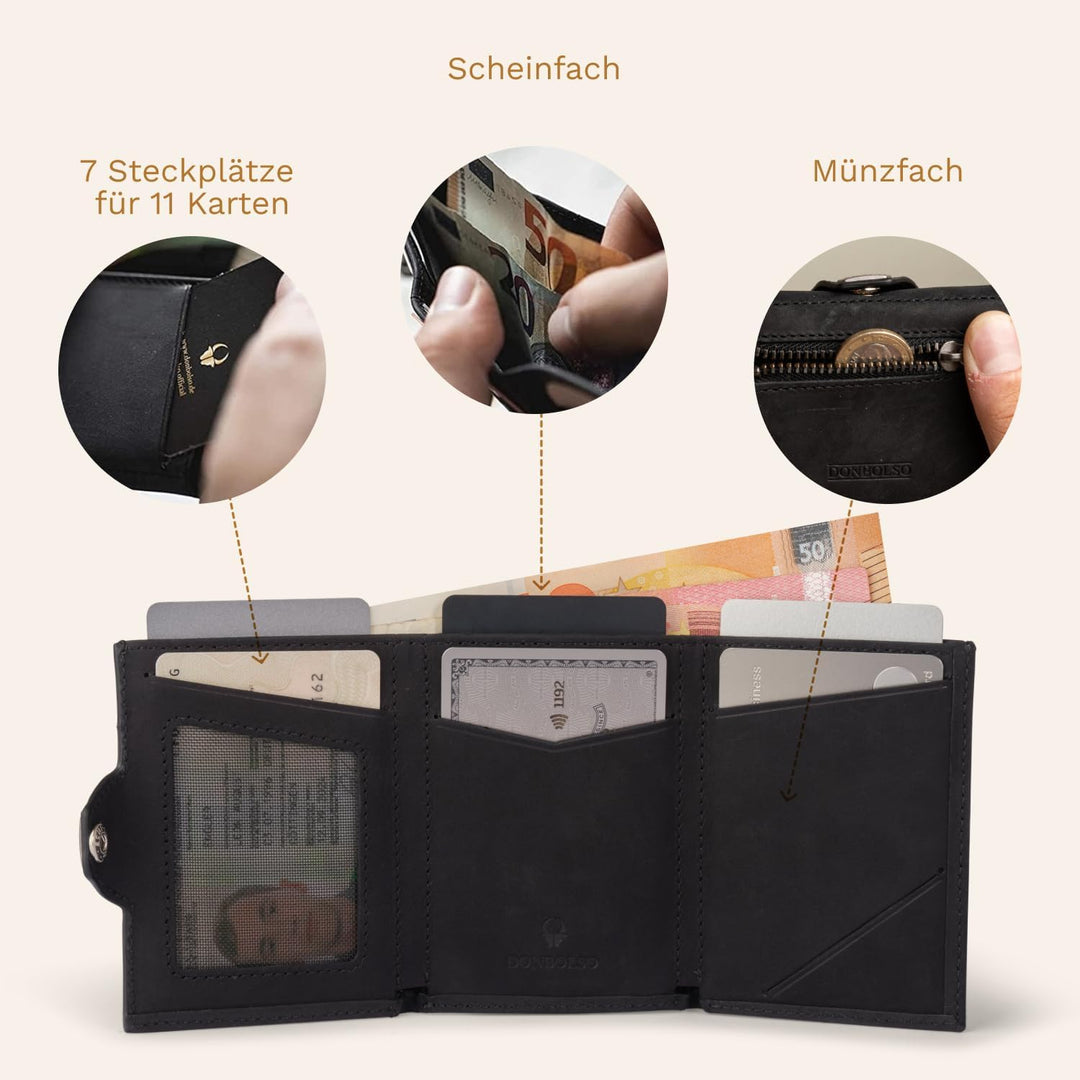 DONBOLSO Wallet NextGen Leder Slim Wallet mit Münzfach Geldbeutel mit RFID Schutz Kartenetui bis 11