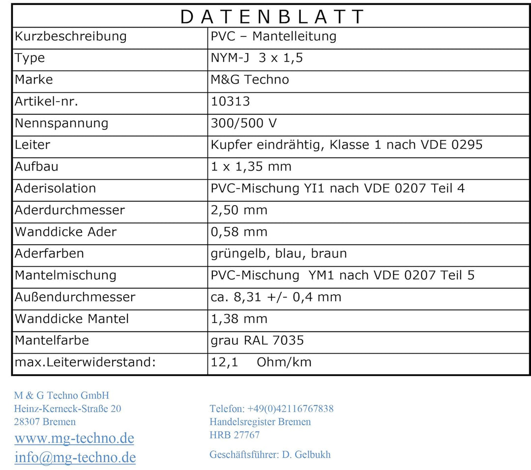 M&G Techno 20m NYM-J 3x1,5 mm² Mantelleitung Feuchtraumkabel Elektrokabel Kupfer Made in Germany, 20