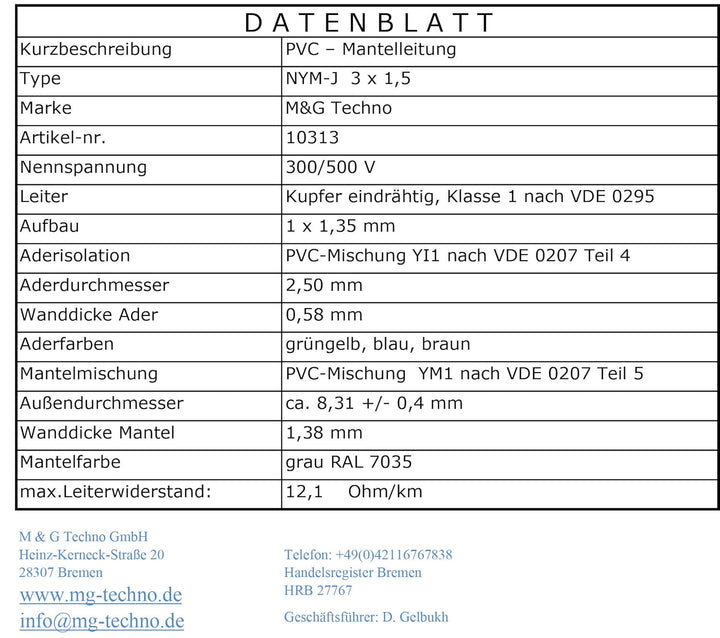 M&G Techno 20m NYM-J 3x1,5 mm² Mantelleitung Feuchtraumkabel Elektrokabel Kupfer Made in Germany, 20