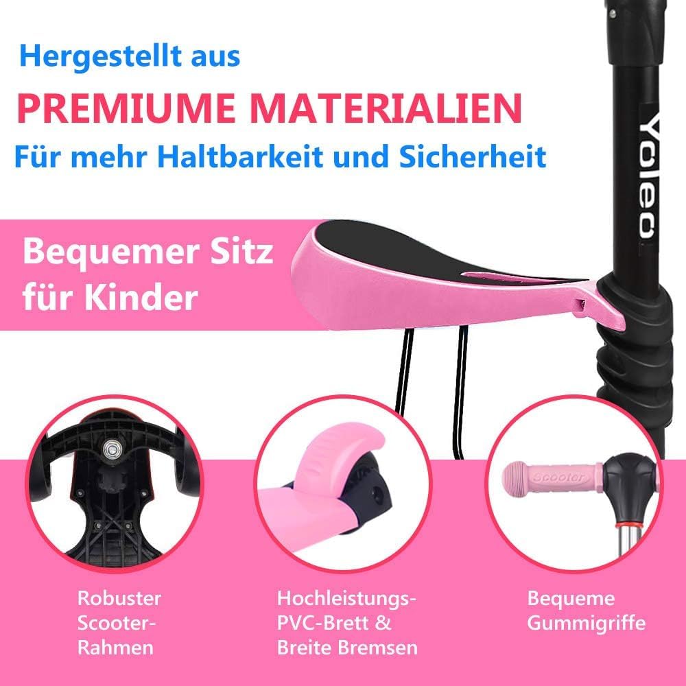 YOLEO 3-in-1 Kinder Roller Scooter mit Abnehmbarem Sitz, LED grosse Räder, Höheverstellbare Lenker f