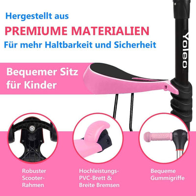 YOLEO 3-in-1 Kinder Roller Scooter mit Abnehmbarem Sitz, LED grosse Räder, Höheverstellbare Lenker f