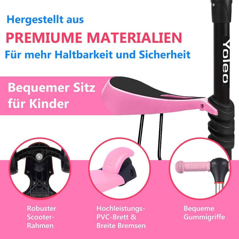 YOLEO 3-in-1 Kinder Roller Scooter mit Abnehmbarem Sitz, LED grosse Räder, Höheverstellbare Lenker f