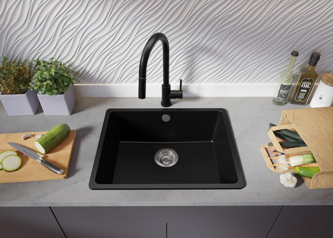 Spülbecken Schwarz 56x44 cm, Granitspüle 1 Becken + Ablauf-Set, Küchenspüle ab 60er Unterschrank, Ei