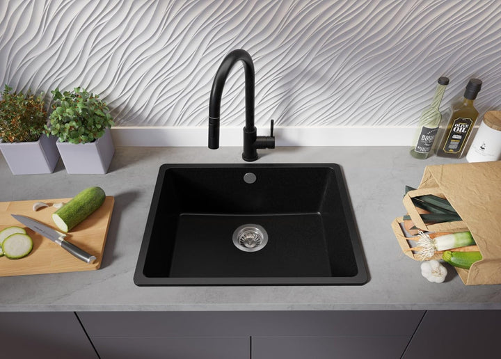 Spülbecken Schwarz 56x44 cm, Granitspüle 1 Becken + Ablauf-Set, Küchenspüle ab 60er Unterschrank, Ei