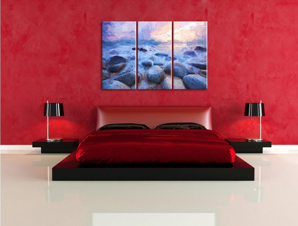 Pixxprint Romantisches Meer Pinsel Effekt 3-Teiler Leinwandbild 120x80 Bild auf Leinwand