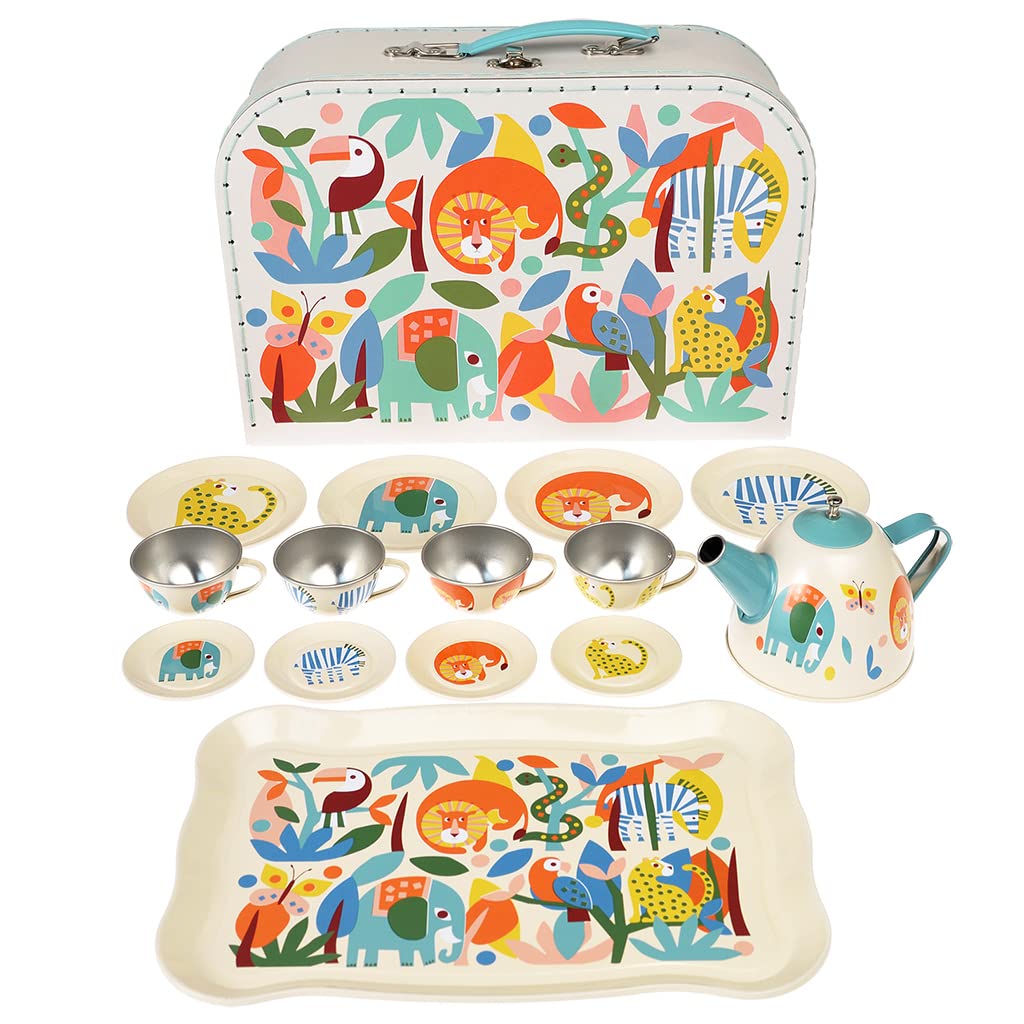 Rex London Kinder Teeservice Set aus Metall (14 Teile) & Tragekoffer mit den Tiermotiven “Wild Wonde