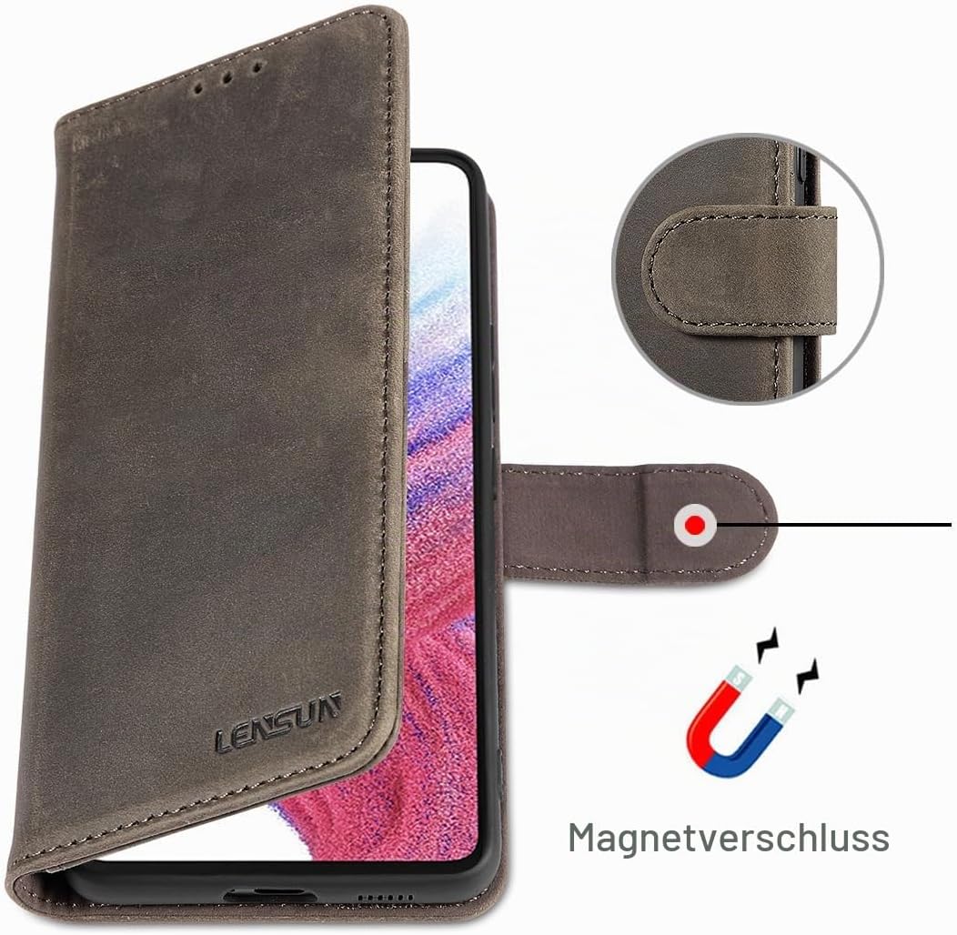 LENSUN Echtleder Hülle für Samsung Galaxy A53, Handyhülle [Echtes Leder][Standfunktion][RFID Briefta