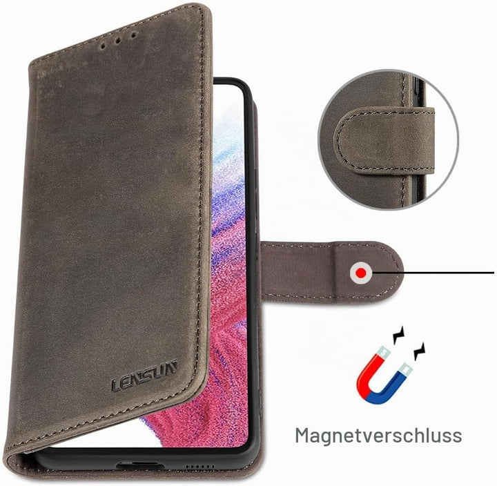 LENSUN Echtleder Hülle für Samsung Galaxy A53, Handyhülle [Echtes Leder][Standfunktion][RFID Briefta