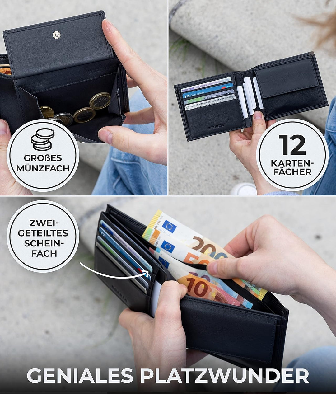 KORUTA® Geldbörse Herren Schwarz mit RFID Schutz I Echtleder Portemonnaie Gross 13 Fächer Geldbeutel