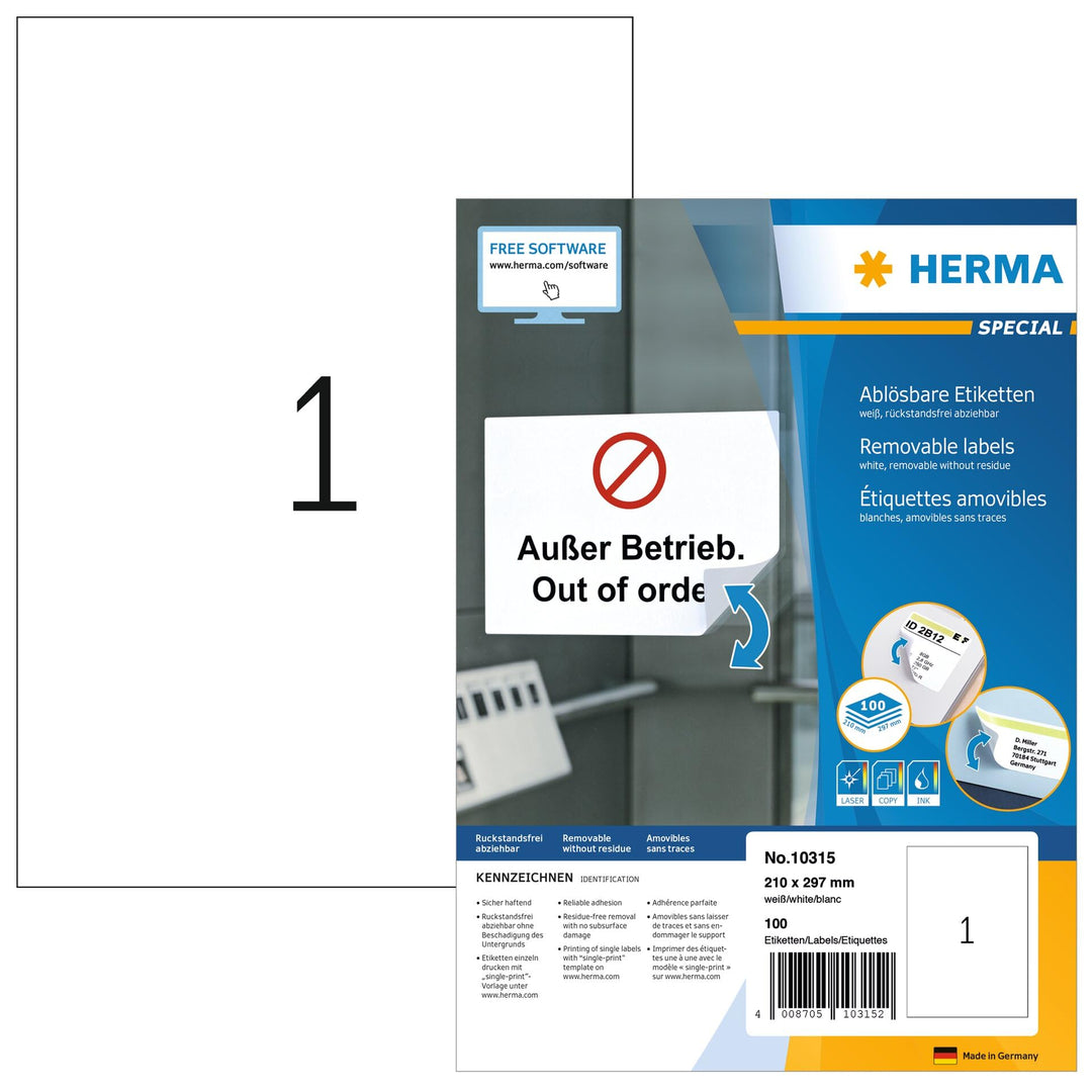 HERMA 10315 Universal Etiketten ablösbar, 100 Blatt, 210 x 297 mm, 1 Stück pro A4 Bogen, 100 Aufkleb