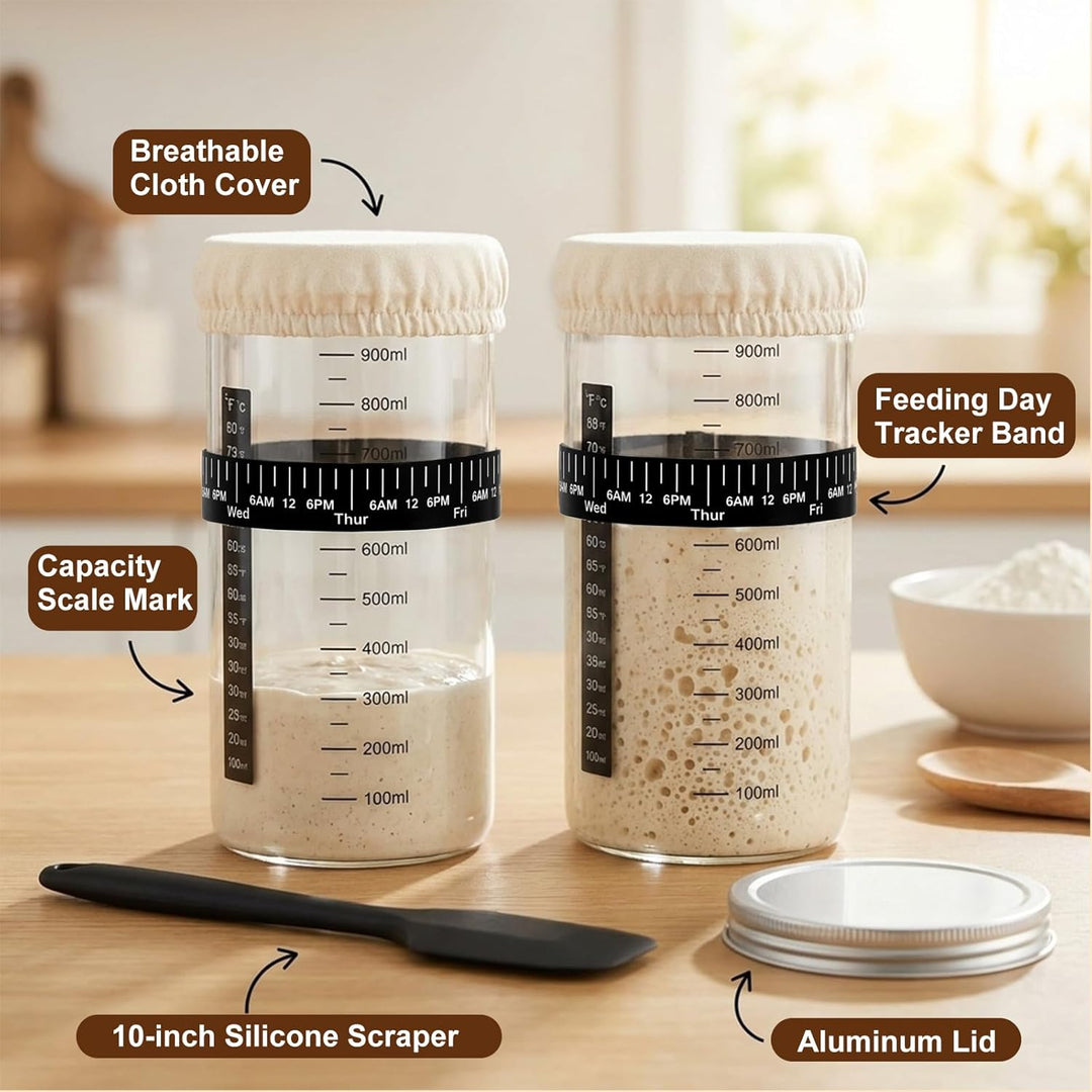 13-Teile Sauerteig Starter Set Mit Gärkörbchen Rund ø 25cm, 900ml Glas, Brotlamelle, Teigschaber, Ba