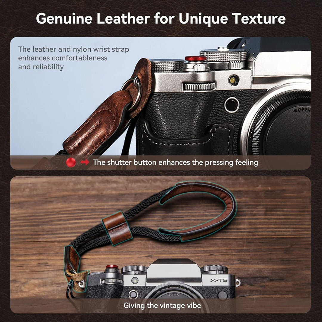 SMALLRIG X-T5 Half Case mit Handschlaufe und Auslöser, Kameratasche aus braunem Leder im Retro-Stil