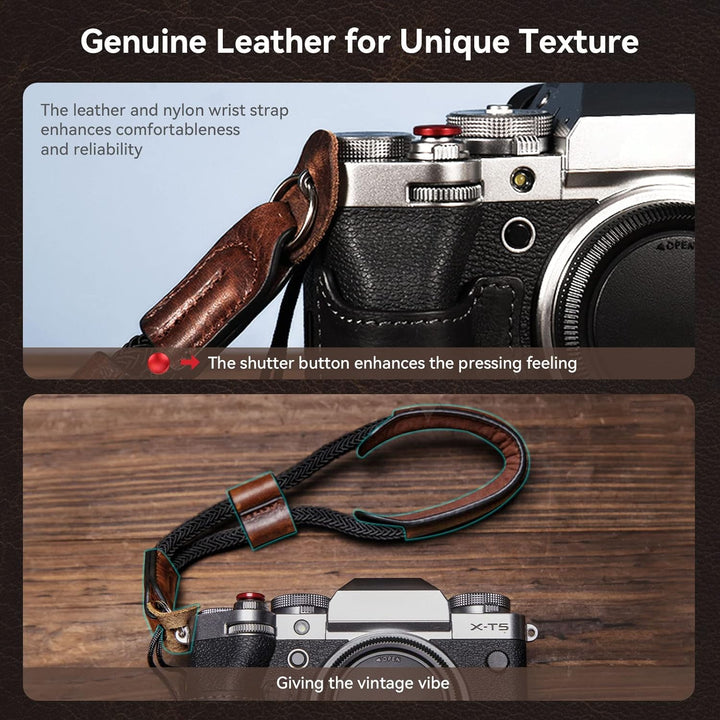 SMALLRIG X-T5 Half Case mit Handschlaufe und Auslöser, Kameratasche aus braunem Leder im Retro-Stil