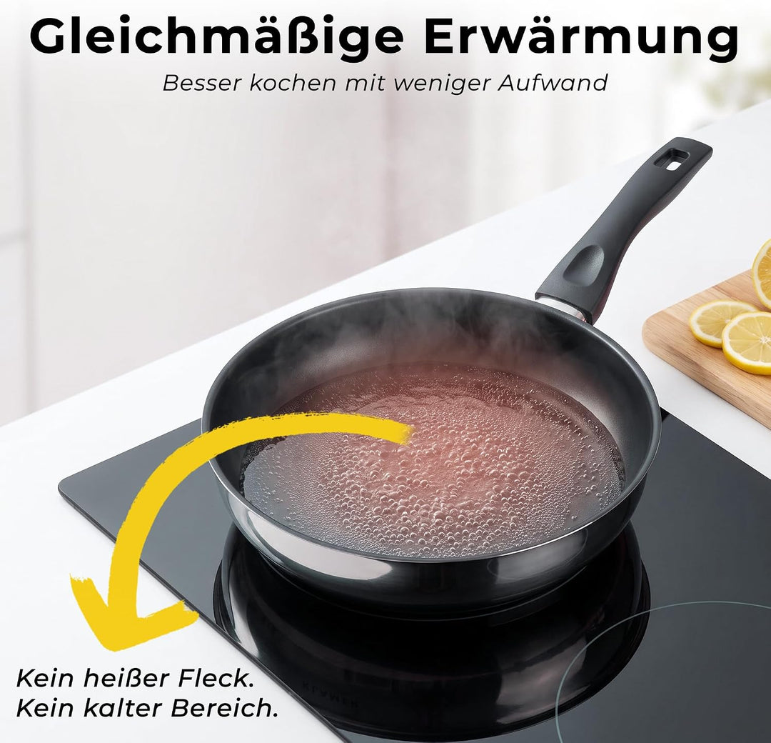KLAMER Pfanne 24 cm, Profi Edelstahl-Bratpfanne, Induktionspfanne mit Premium Beschichtung, Pfanne 2