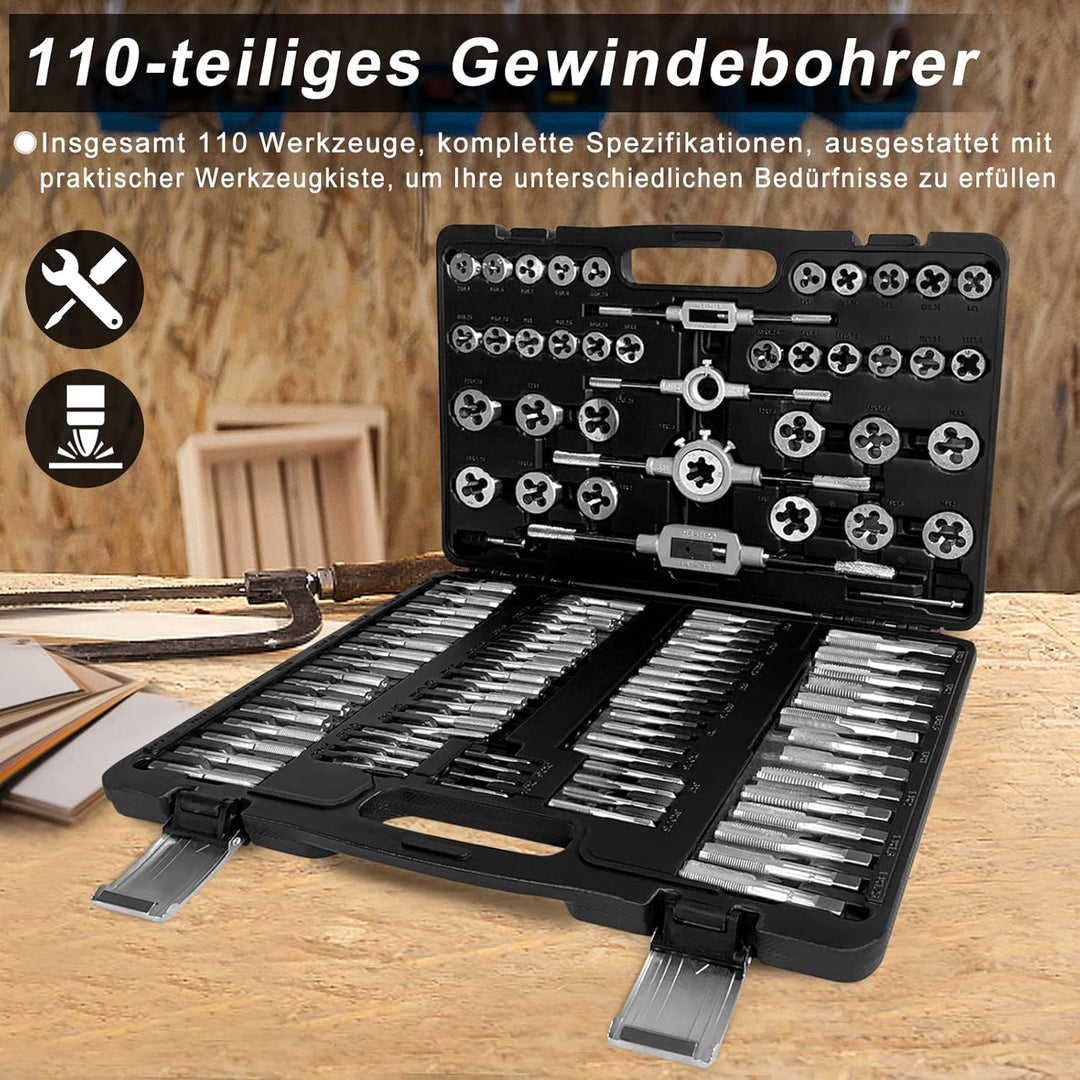 110-Tlg. Gewindeschneidsatz Gewindeschneid Schneideisen Gewindebohrer Satz M2-M18 Gewindeschneide, m