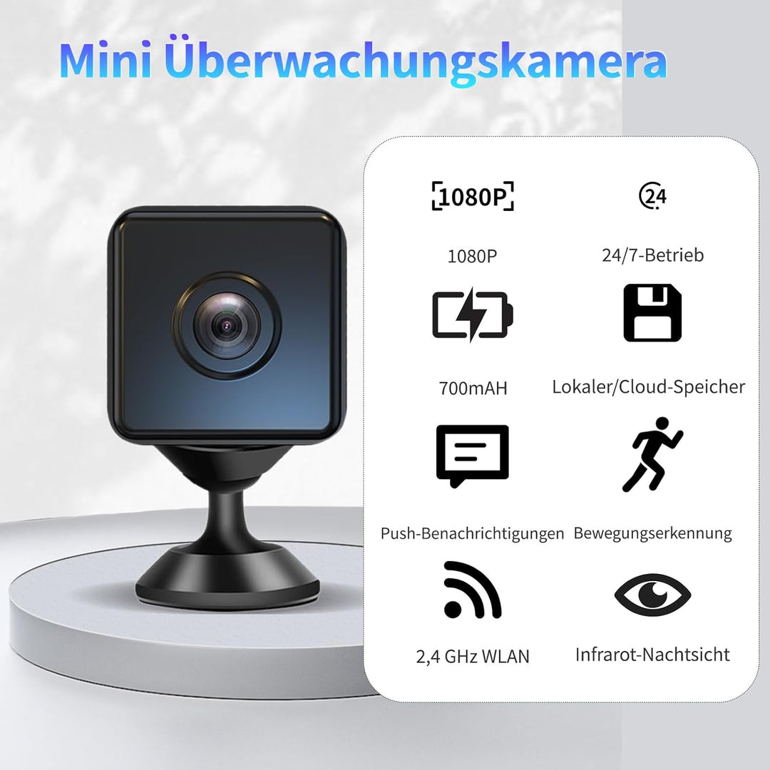 Mini Kamera Überwachung Innen, Überwachungskamera Langer Akkulaufzeit, Kostenloser Cloud-Speicher, H