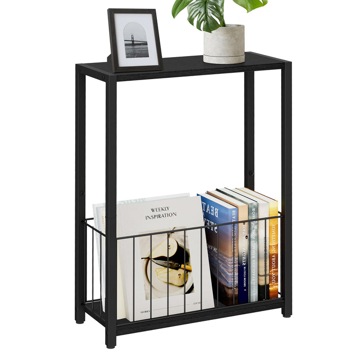 Schmaler Beistelltisch mit Zeitschriftenhalter, Schwarz | Eisenrahmen und MDF-Platte, 18 x 43 x 60 c