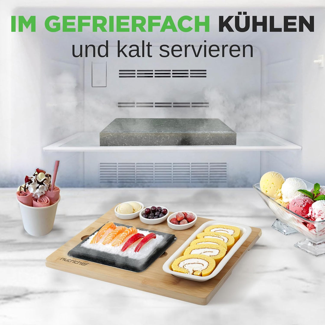 NutriChef Heisser Stein Grillplatte – Tischgrill-Set mit Bambus und Keramik Ideal für Steak und Dinn