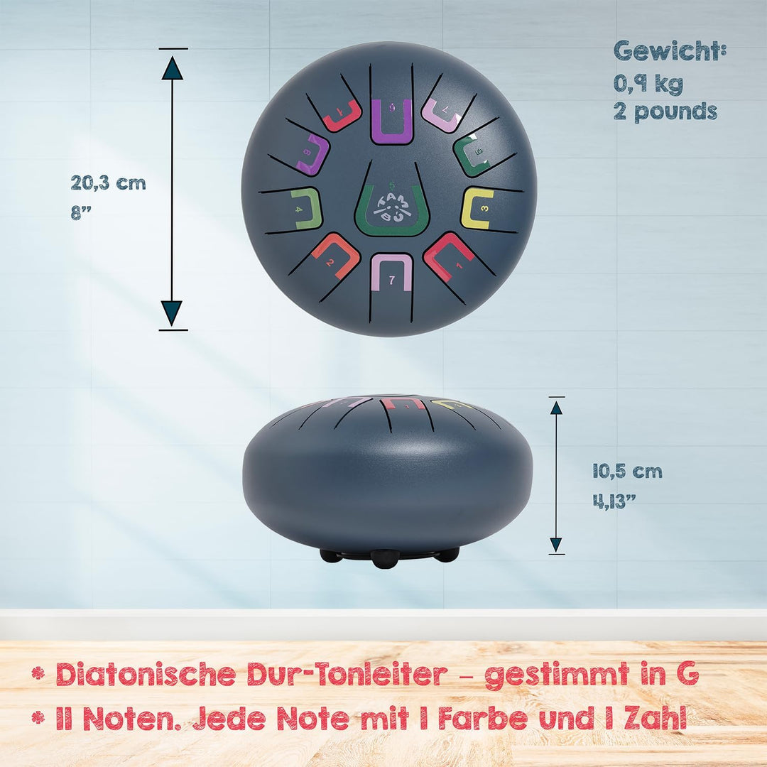 TAMBÚ Stahlzunge Trommel, 8 Zoll, 11 Noten, Handpan, Metall-Perkussionsinstrument (Anthrazitgrau), A