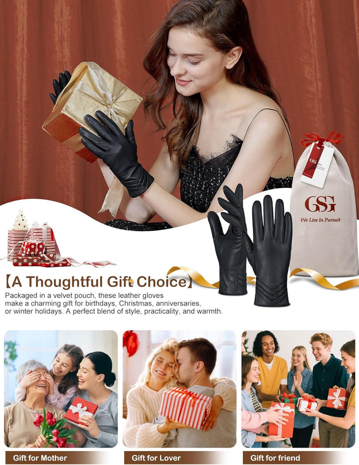GSG SINCE 1998 Echtes Lammfell Lederhandschuhe für Damen Warm Gefütterte Touchscreen Winterhandschuh