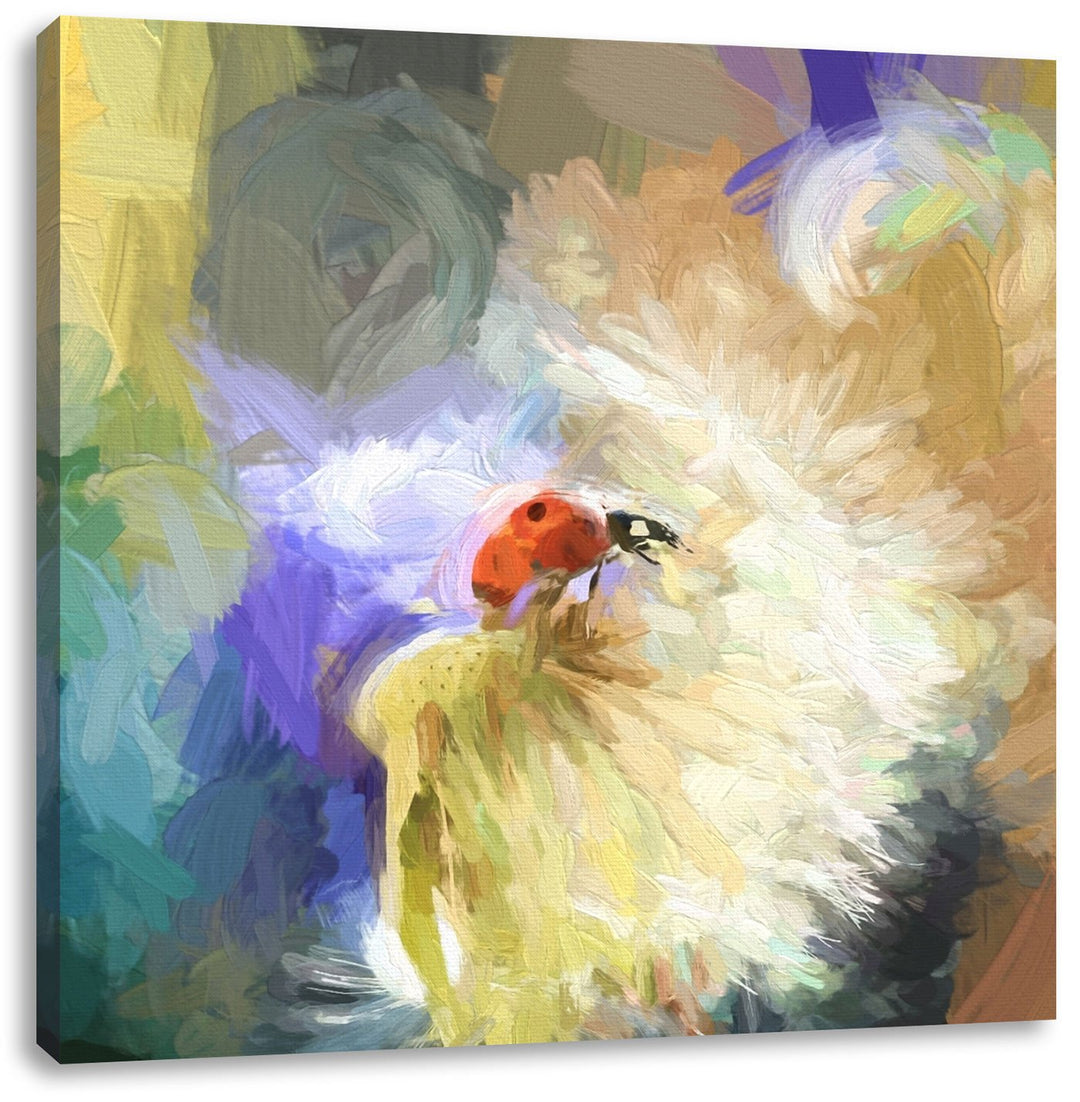 Pixxprint bunter Marienkäfer auf zarter Pusteblume, Format: 70x70 auf Leinwand, 70x70