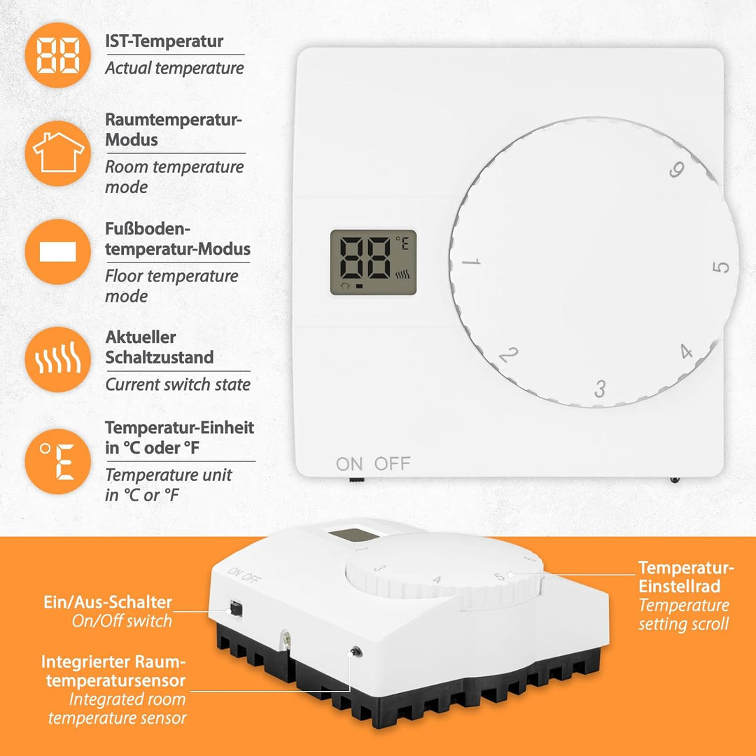 Aufputz Raumthermostat Digital 230V weiss mit internem u. externem Sensor für Wasser- u. elektrische