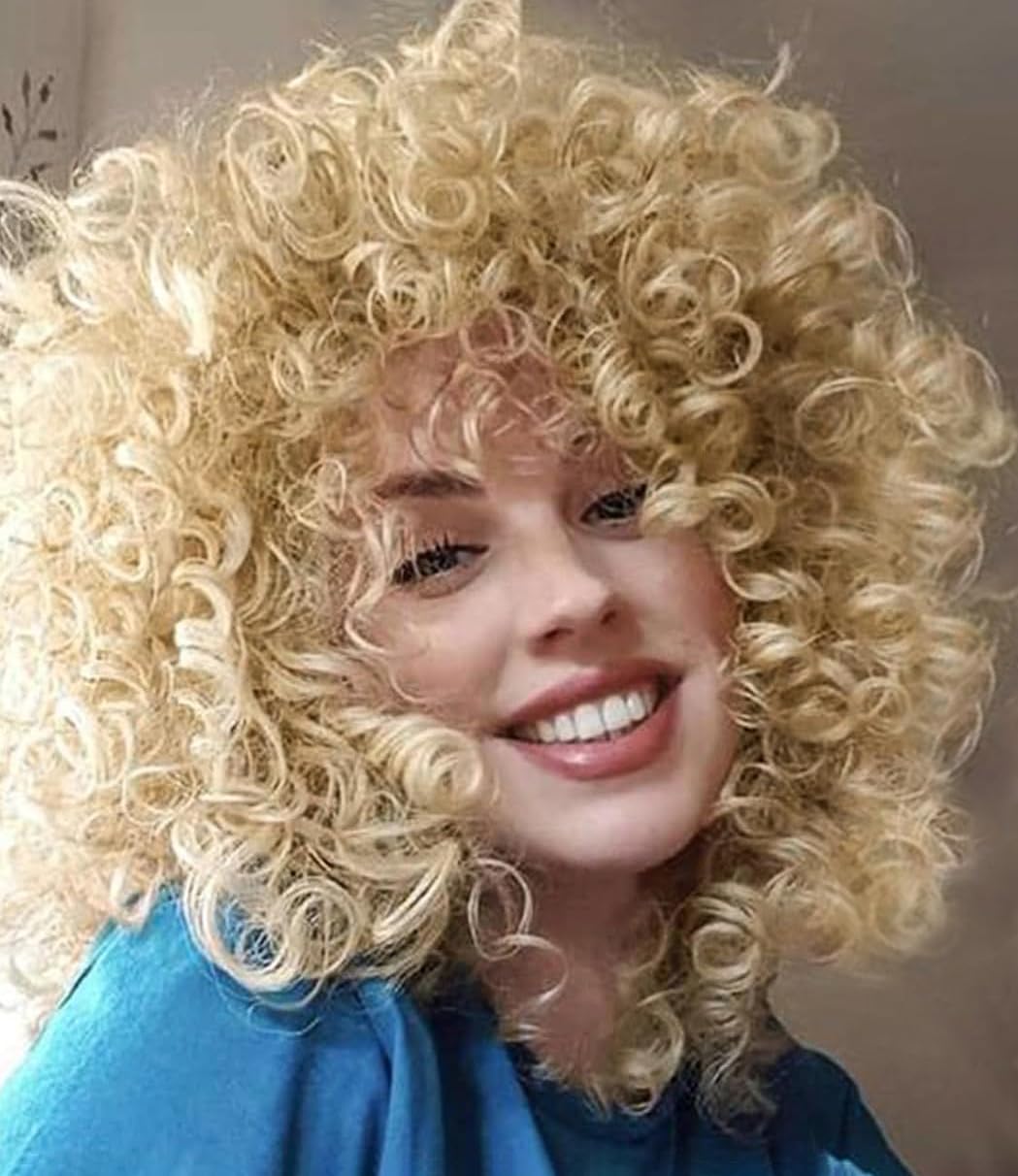 PORSMEER Lockige Afro Perücke Blonde Natürliche Kunsthaar mit Pony für Frauen Schulterlänge Afro Kin