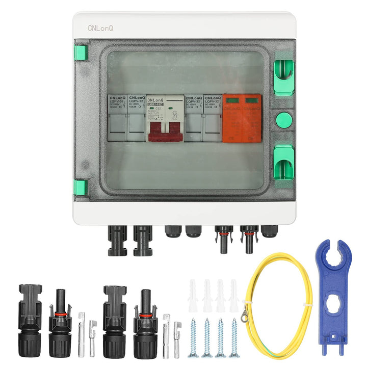 DEWIN 2 Saiten Solar PV Combiner Box, 2 String 500V 32A Solar PV Anschlusskasten Box 2 in 1 aus Wass