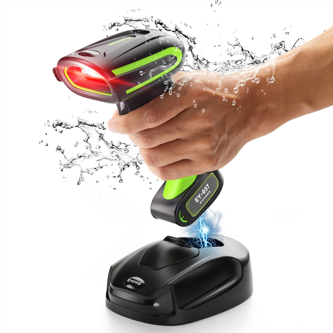 Eyoyo 2D QR Industrie Barcode Scanner Kabellos mit Kabelloser Ladeständer, Robuster, Strapazierfähig