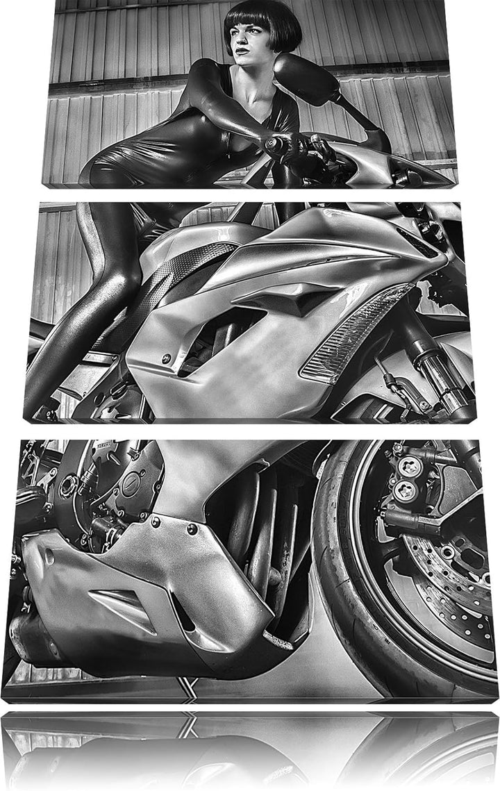 Pixxprint Sexy Neongrünes Bike mit Model 3Teiler 120x80 cm Leinwandbild Wandbild Kunstdruck