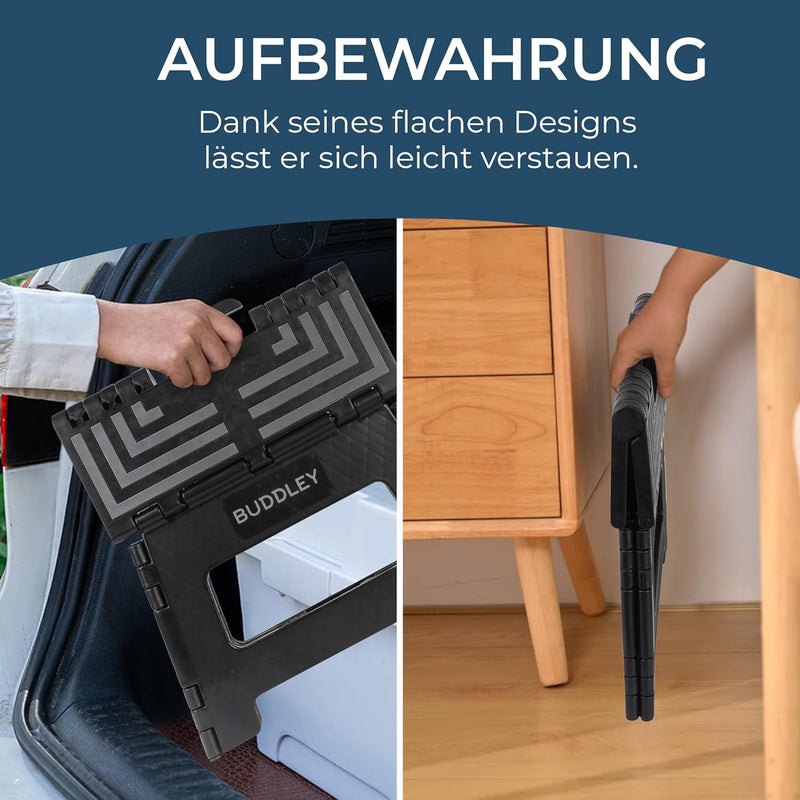 BUDDLEY Tritthocker klappbar – 23 cm hoher Tritt mit Anti-Rutsch-Design - Tragfähigkeit bis 99 kg -