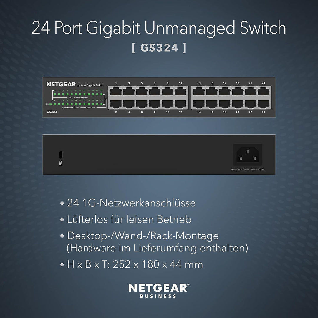 Netgear GS324 Switch 24 Port Switch Gigabit Ethernet LAN Switch (Plug-and-Play Netzwerk Switch, lüft