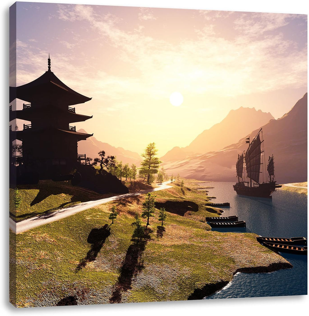Pixxprint asiatischer Tempel an Fluss als Leinwandbild | Grösse: 70x70 cm | Wandbild | Kunstdruck |