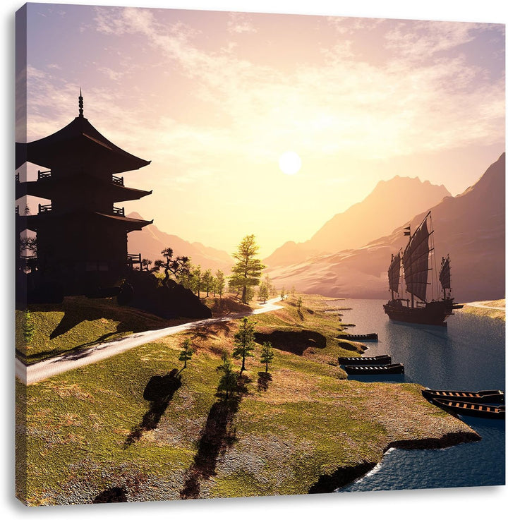 Pixxprint asiatischer Tempel an Fluss als Leinwandbild | Grösse: 70x70 cm | Wandbild | Kunstdruck |